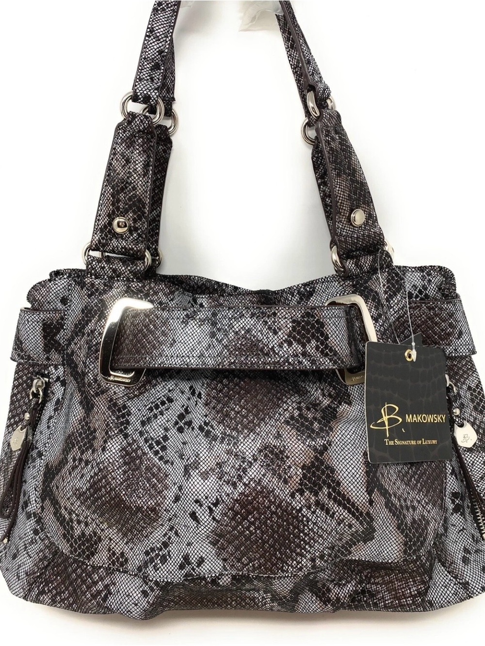 B.Makowsky Women's Snake-Print Shoulder Bag in Black & Gray